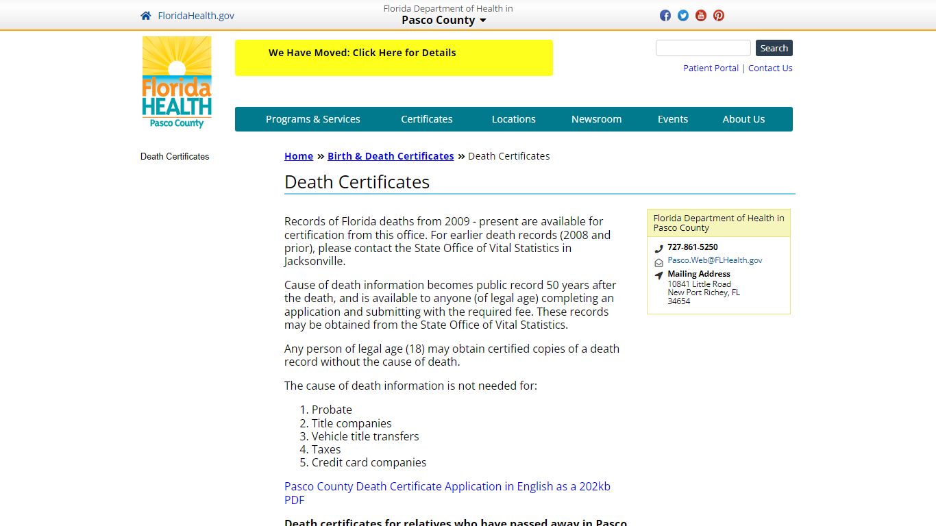 Death Certificates | Florida Department of Health in Pasco